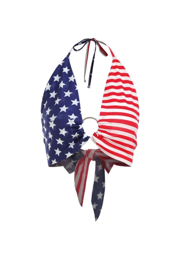 Anna-Kaci Women USA Flag Halter Backless Camis Streetwear Club Patchwork Camisole Crop Top, Red, Small - Image 1